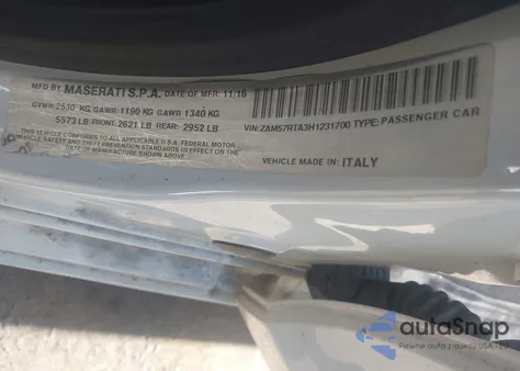 2017 Maserati Ghibli S Q4 z USA, uszkodzony, nr VIN ZAM57RTA3H1231700